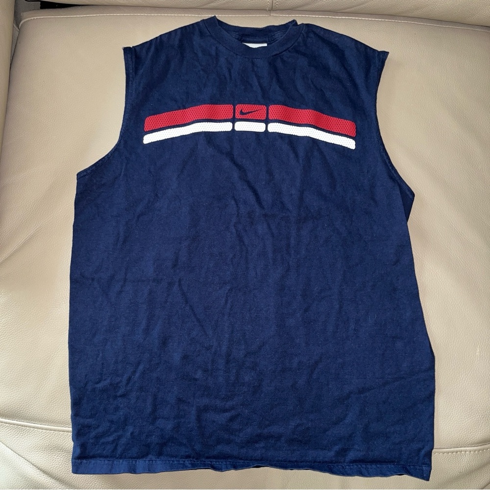 NIKE Sleeveless Muscle Tank Top TShirt size Men M navy w red/white cotton Vtg